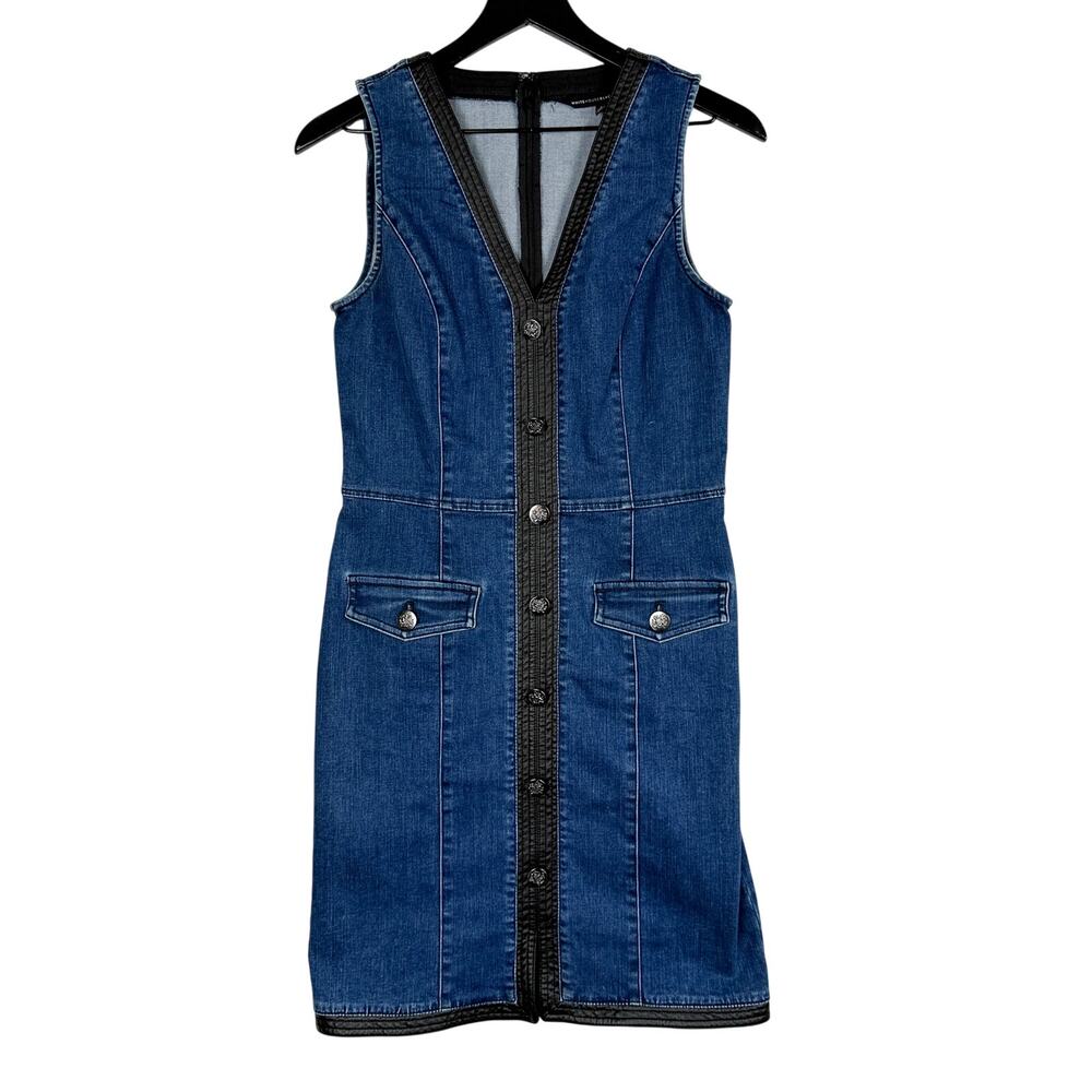 White House Black Market Sleeveless Denim Sheath Dress Blue Faux Leather - 4